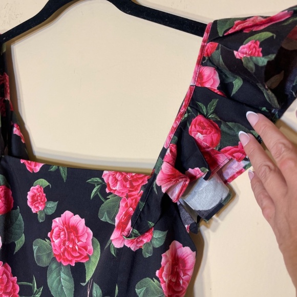 Roses Godet Dress ruffle sleeve flowy, Black - Picture 4 of 15